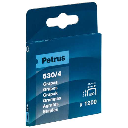 Grapas Petrus mod. 530/4 mm. Caja 1200 unid. cobreada