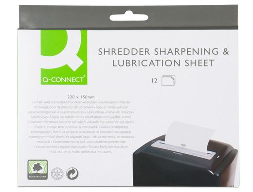 Hojas lubricantes y afiladoras q-connect para destructora paquete de 12 hojas tamaño 220x150mm