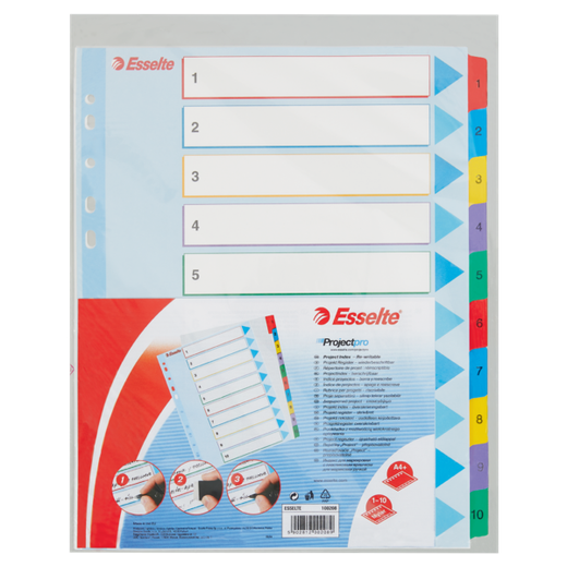 Índice de proyectos multitaladro. DIN A4. Borra y Re-Escribe. Pestañas 1-10, multicolor