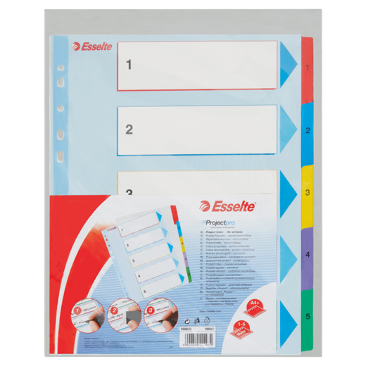 Índice de proyectos multitaladro. DIN A4. Borra y Re-Escribe. Pestañas 1-5, multicolor
