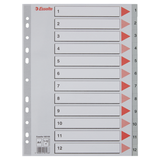 Índice multitaladro Esselte. DIN A4. Cartulina índice color. Pestañas 1-12 PP, gris