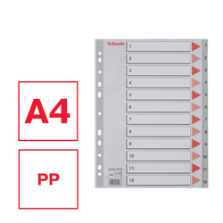 Índice multitaladro Esselte. DIN A4. Cartulina índice color. Pestañas 1-12 PP, gris