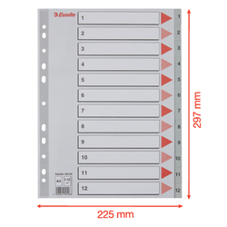 Índice multitaladro Esselte. DIN A4. Cartulina índice color. Pestañas 1-12 PP, gris