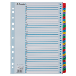 Índice multitaladro Esselte. DIN A4. Con cartulina índice color y pestañas reforzadas 1-31 Cartón Mylar, multicolor