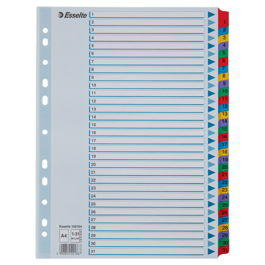 Índice multitaladro Esselte. DIN A4. Con cartulina índice color y pestañas reforzadas 1-31 Cartón Mylar, multicolor