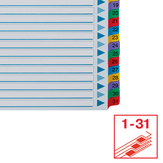 Índice multitaladro Esselte. DIN A4. Con cartulina índice color y pestañas reforzadas 1-31 Cartón Mylar, multicolor