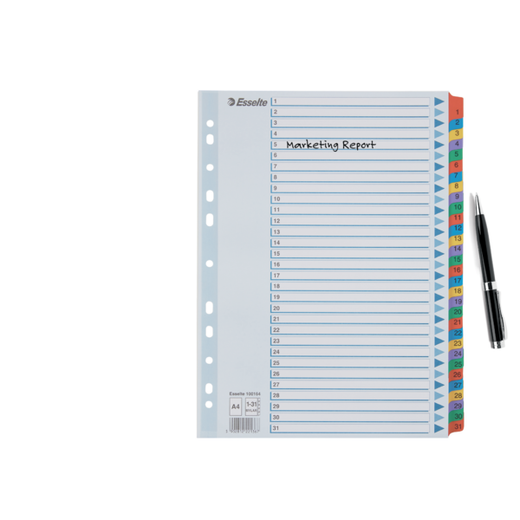 Índice multitaladro Esselte. DIN A4. Con cartulina índice color y pestañas reforzadas 1-31 Cartón Mylar, multicolor
