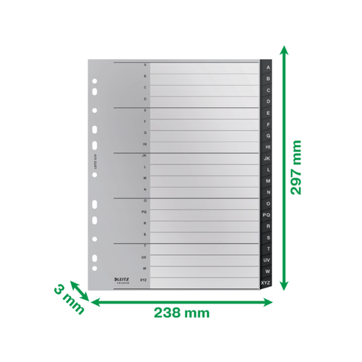 Índice multitaladro Leitz Recycle. DIN A4 maxi. 20 Pestañas A-Z. PP reciclado, climáticamente neutro y 100% reciclable, negro