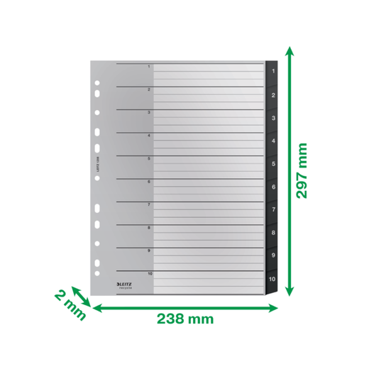Índice multitaladro Leitz Recycle. DIN A4 maxi. Pestañas 1-10. PP reciclado, climáticamente neutro y 100% reciclable, negro