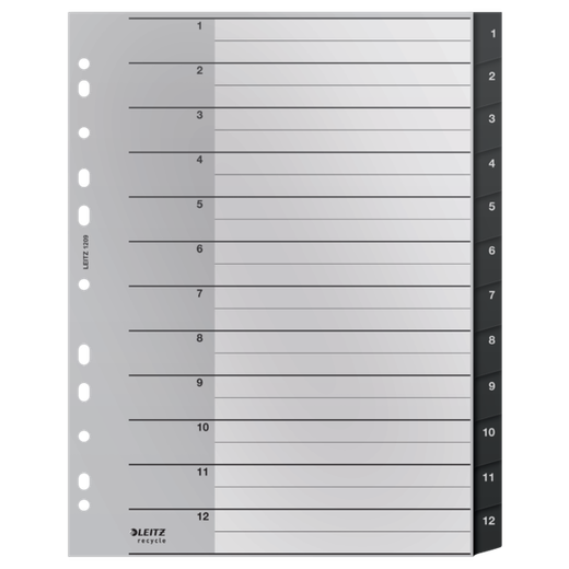 Índice multitaladro Leitz Recycle. DIN A4 maxi. Pestañas 1-12. PP reciclado, climáticamente neutro y 100% reciclable, negro