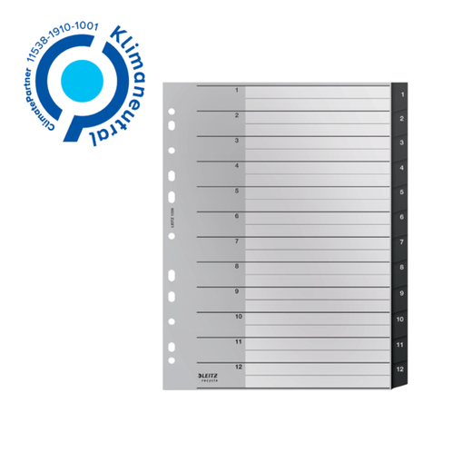 Índice multitaladro Leitz Recycle. DIN A4 maxi. Pestañas 1-12. PP reciclado, climáticamente neutro y 100% reciclable, negro