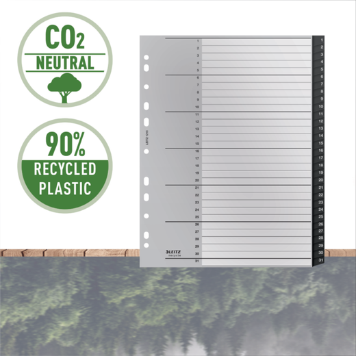 Índice multitaladro Leitz Recycle. DIN A4 maxi. Pestañas 1-31. PP reciclado, climáticamente neutro y 100% reciclable, negro