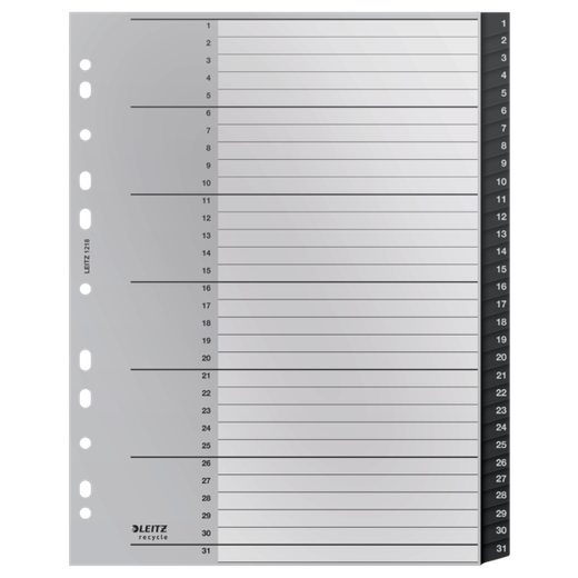 Índice multitaladro Leitz Recycle. DIN A4 maxi. Pestañas 1-31. PP reciclado, climáticamente neutro y 100% reciclable, negro
