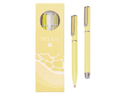Juego boligrafo y roller belius endless summer aluminio color amarillo y plateado tinta azul caja de diseño