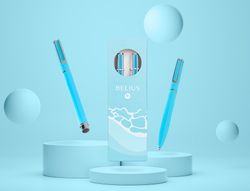 Juego boligrafo y roller belius endless summer aluminio color celeste y plateado tinta azul caja de diseño