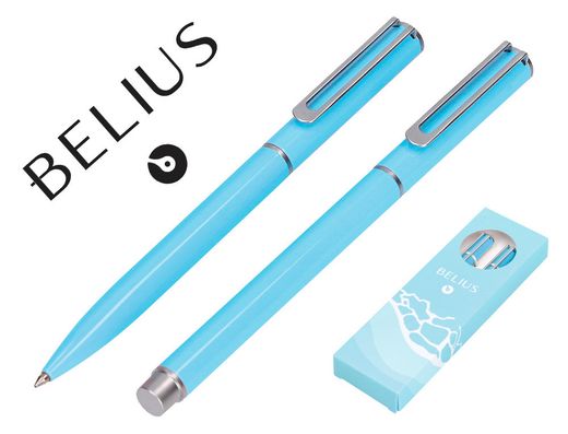 Juego boligrafo y roller belius endless summer aluminio color celeste y plateado tinta azul caja de diseño