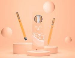 Juego boligrafo y roller belius endless summer aluminio color naranja y plateado tinta azul caja de diseño