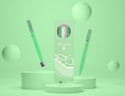 Juego boligrafo y roller belius endless summer aluminio color verde y plateado tinta azul caja de diseño