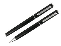 Juego boligrafo y roller belius norwich cuerpo negro mate y detalles cromados satinados en caja regalo
