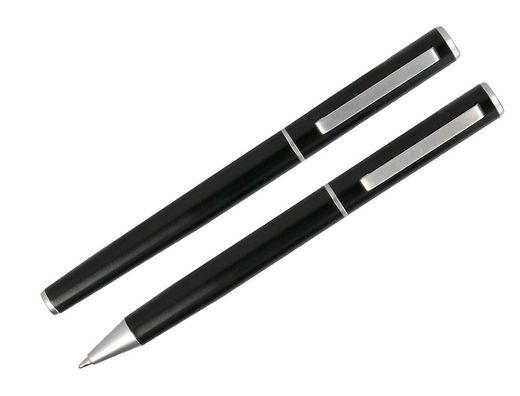 Juego boligrafo y roller belius norwich cuerpo negro mate y detalles cromados satinados en caja regalo