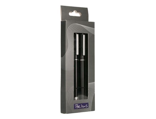 Juego boligrafo y roller belius norwich cuerpo negro mate y detalles cromados satinados en caja regalo