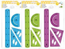 Juego Escuadra 10 cm Cartabon 14 cm Regla 30 cm y Semicirc. Plastico Flexible en Petaca Liderpapel Colores Surtidos