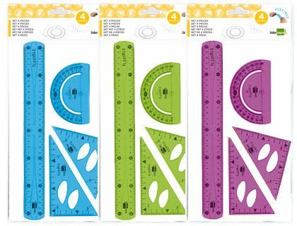 Juego Escuadra 10 cm Cartabon 14 cm Regla 30 cm y Semicirc. Plastico Flexible en Petaca Liderpapel Colores Surtidos