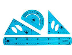Juego Escuadra 10 cm Cartabon 14 cm Regla 30 cm y Semicirc. Plastico Flexible en Petaca Liderpapel Colores Surtidos