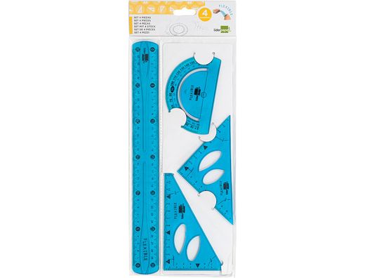 Juego Escuadra 10 cm Cartabon 14 cm Regla 30 cm y Semicirc. Plastico Flexible en Petaca Liderpapel Colores Surtidos