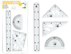 Juego Escuadra 10 cm Cartabon 14 cm Regla 30 cm y Semicirc. Plastico Flexible en Petaca Liderpapel Transparente