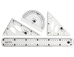 Juego Escuadra 10 cm Cartabon 14 cm Regla 30 cm y Semicirc. Plastico Flexible en Petaca Liderpapel Transparente