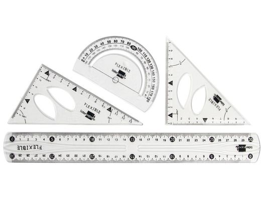 Juego Escuadra 10 cm Cartabon 14 cm Regla 30 cm y Semicirc. Plastico Flexible en Petaca Liderpapel Transparente