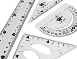 Juego Escuadra 10 cm Cartabon 14 cm Regla 30 cm y Semicirc. Plastico Flexible en Petaca Liderpapel Transparente