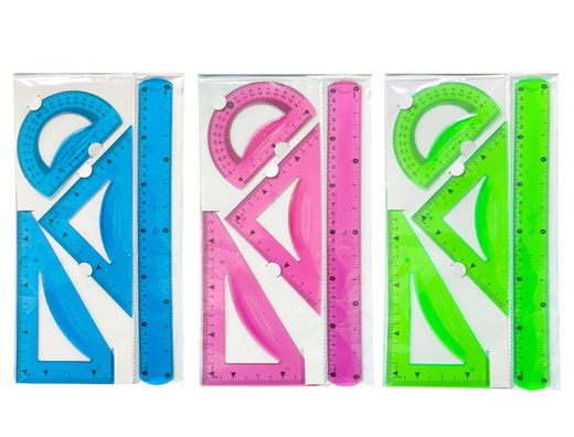 Juego escuadra 10 cm cartabon 14 cm regla 30 cm y semicirculo plastico flexible en petaca liderpapel colores