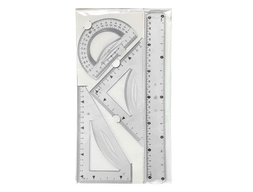 Juego escuadra 10 cm cartabon 14 cm regla 30 cm y semicirculo plastico flexible en petaca liderpapel