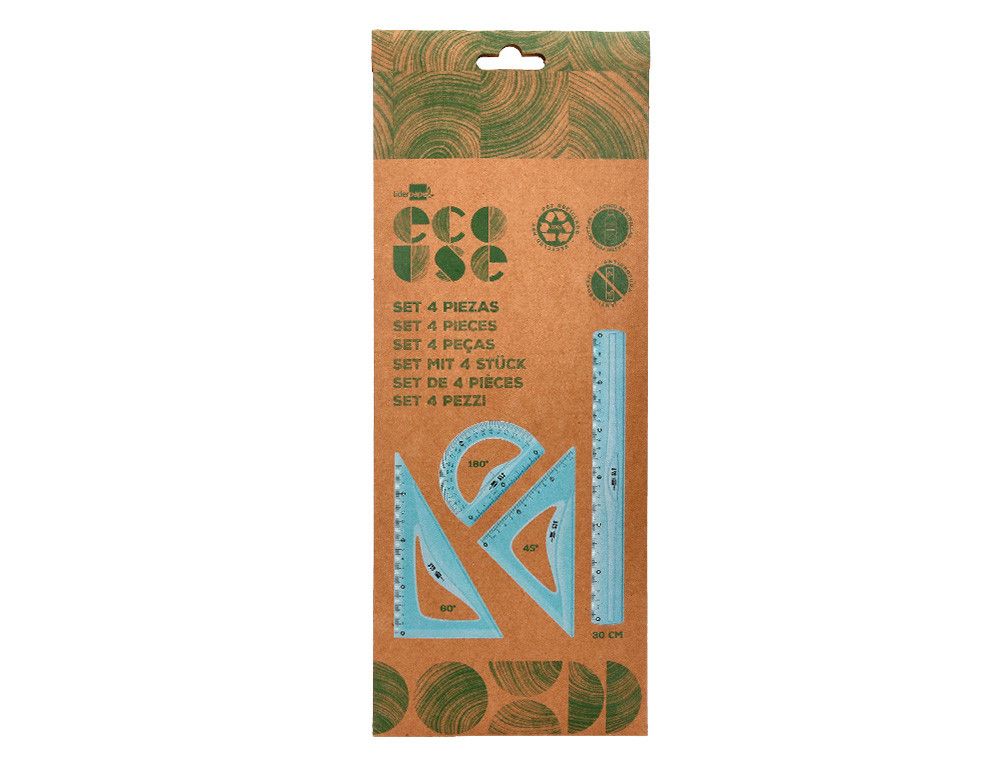 Juego escuadra 20 cm cartabon 18 cm regla 30 cm y semicirculo 10 cm liderpapel ecouse 100% pet reciclado