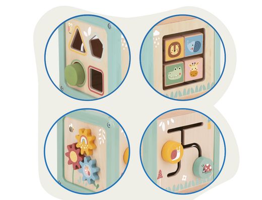 Juego infantil imaginovo madera cubo de actividades +18 meses 15,5x15,5x28cm