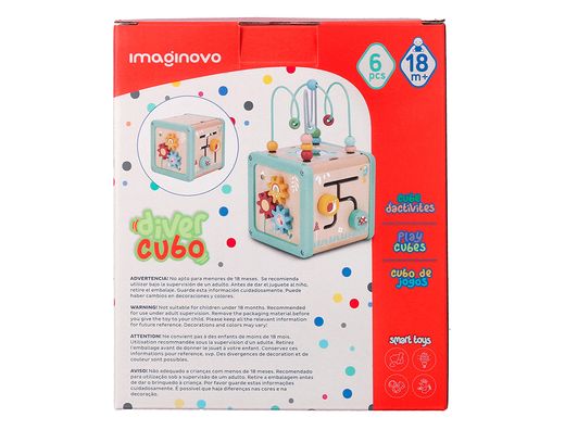 Juego infantil imaginovo madera cubo de actividades +18 meses 15,5x15,5x28cm