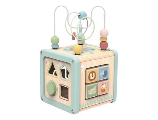 Juego infantil imaginovo madera cubo de actividades +18 meses 15,5x15,5x28cm