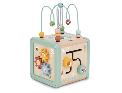 Juego infantil imaginovo madera cubo de actividades +18 meses 15,5x15,5x28cm