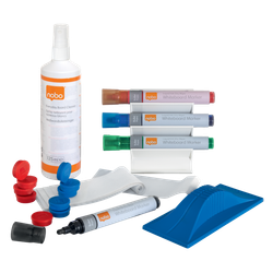 Kit completo NOBO pizarra blanca (contiene 4 rotuladores, un borrador magnético y 5 recargas, un spray de limpieza de 125 ml y trapitos de limpieza y 10 imanes)