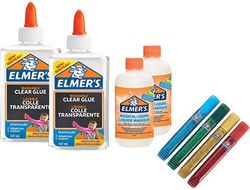 Kit elmers fabricacion slime con 2 botes cola transparente + 2 botes liquido magico + 4 botes purpurina colores