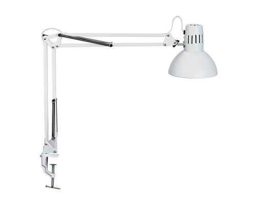 Lampara de escritorio maul metal 57w doble brazo cabezal orientable pinza blanca