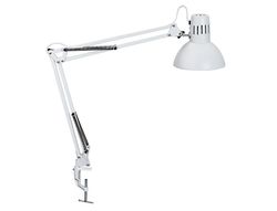 Lampara de escritorio maul metal 57w doble brazo cabezal orientable pinza blanca