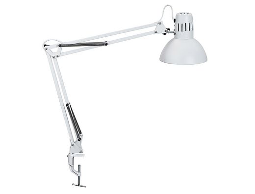 Lampara de escritorio maul metal 57w doble brazo cabezal orientable pinza blanca