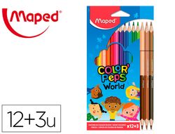 Lapices de colores maped color peps world caja de 12 colores surtidos + 3 duo tonos de piel