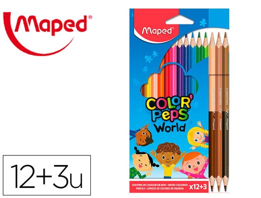 Lapices de colores maped color peps world caja de 12 colores surtidos + 3 duo tonos de piel
