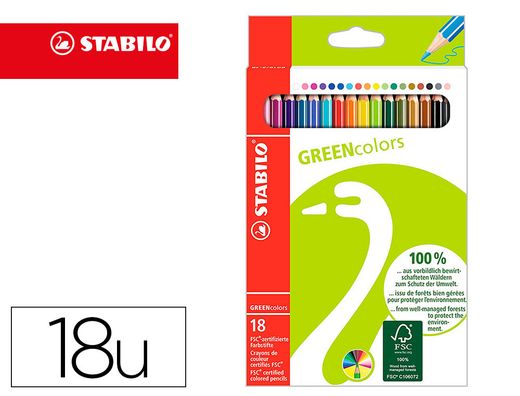 Lapices de colores stabilo green colors con certificado fsc estuche carton de 18 unidades colores surtidos