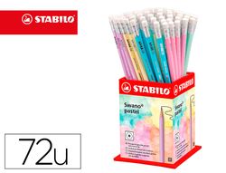 Lapices de grafito con goma stabilo swano mina 2,2 mm dureza hb expositor de 72 unidades colores pasteles