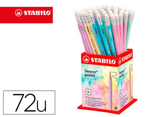 Lapices de grafito con goma stabilo swano mina 2,2 mm dureza hb expositor de 72 unidades colores pasteles